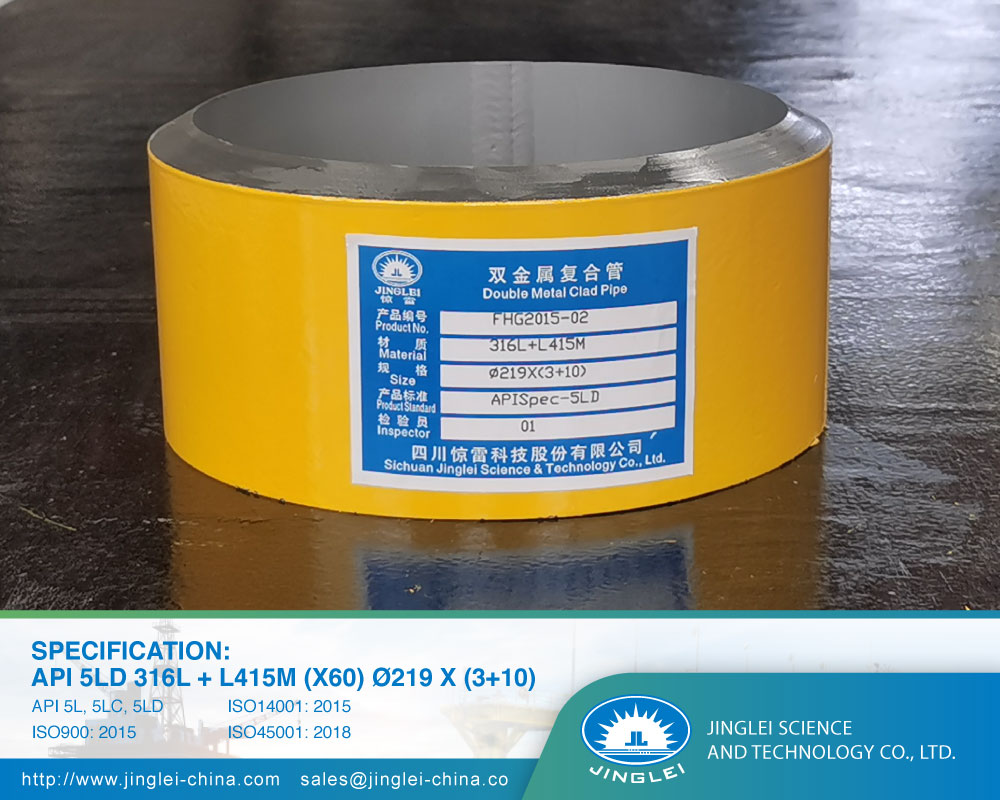 API 5LD 316L + L415M (X60) Ø219 x (3+10), double metal clad pipe, clad pipe, jinglei, Cra Clad and Lined Steel Pipes, Clad Pipes, welded clad pipe, welding clad pipes, jinglei, jlc, metal clad pipe, Alloy Cladded Pipe, CRA cladded pipe, JLC Welded Pipe