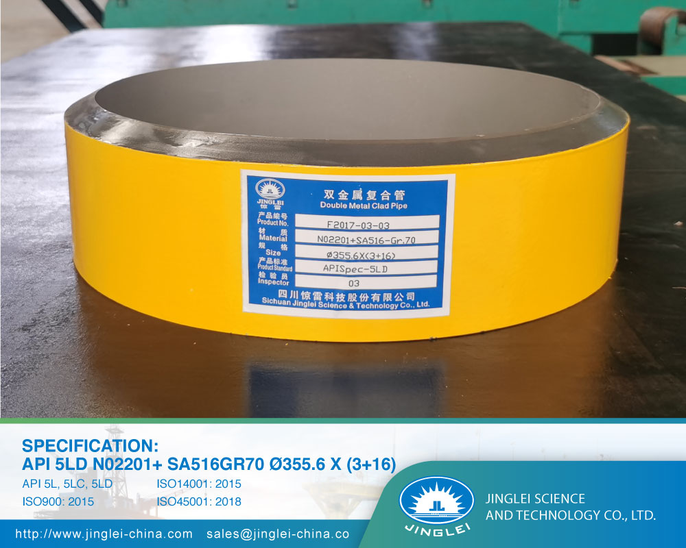 Cra Clad and Lined Steel Pipes, Clad Pipes, welded clad pipe, welding clad pipes, jinglei, jlc, metal clad pipe, Alloy Cladded Pipe, CRA cladded pipe, JLC Welded Pipe, API 5LD N02201+ SA516GR70 Ø355.6 x (3+16)