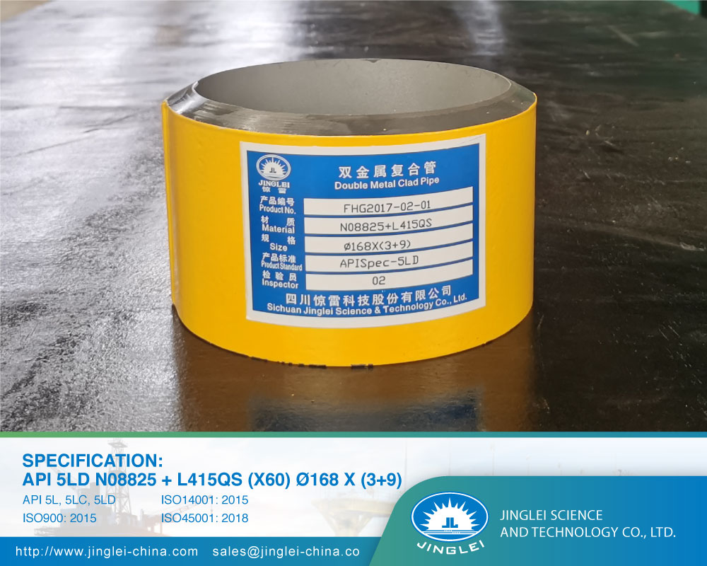 Cra Clad and Lined Steel Pipes, Clad Pipes, welded clad pipe, welding clad pipes, jinglei, jlc, metal clad pipe, Alloy Cladded Pipe, CRA cladded pipe, JLC Welded Pipe, API 5LD N08825 + L415QS (X60) Ø168 x (3+9)
